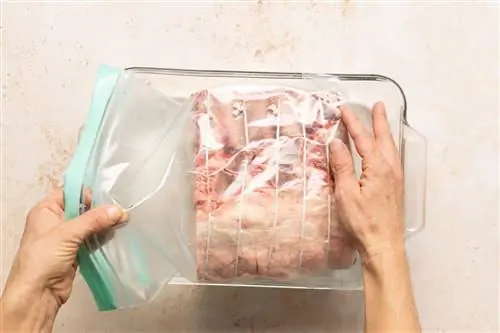 помещение мяса ребра в полиэтиленовый пакет
