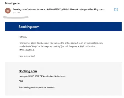 booking com Review Photo 8 - ответ по электронной почте при бронировании такси
