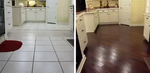 На полу плитка до и после ремонта.