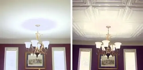 Потолок до и после облицовки декоративной металлочерепицей.