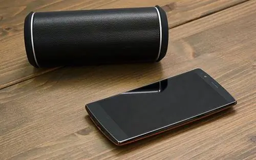 Динамик Bluetooth и смартфон на деревянном столе Динамик Bluetooth и смартфон на деревянном столе