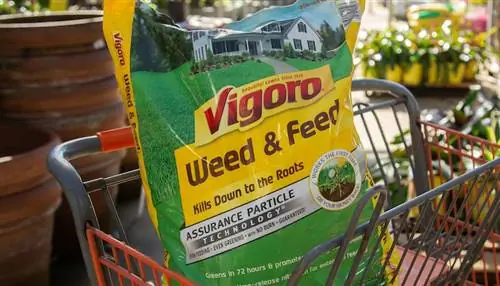 Мешок Vigoro Weed and Feed Plus Lawn Fertilizer в корзине Home Depot в садовом центре.