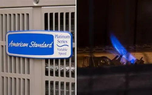 Разделенное изображение теплового насоса американского стандарта и запальника печи для демонстрации двухтопливной системы теплового насоса.