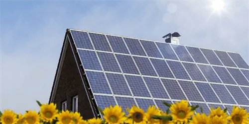 дом с подсолнухами и солнечными панелями