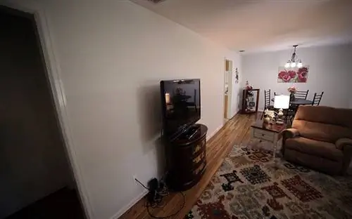 Пустая стена гостиной Барбары Криглер с телевизором на комоде