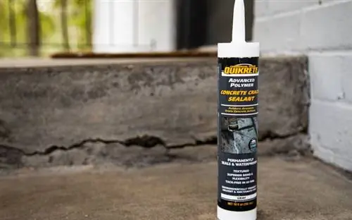 Тюбик Quikrete Advanced Polymer Concrete Crack Sealant, стоящий перед потрескавшейся бетонной ступенькой