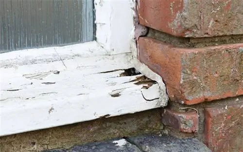 Прогнивший деревянный подоконник на красивом кирпичном доме