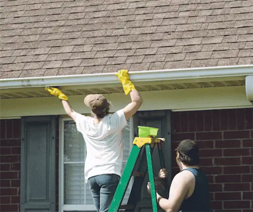 пара чистит водосточные желоба вместе