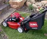 Стрижка травы во дворе газонокосилкой Toro Recycler.