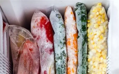 Замороженные ягоды и овощи, лежащие в пакете в вертикальном положении в морозильной камере