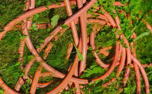 Оранжевый садовый шланг запутался в траве