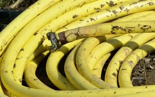 Желтый садовый шланг с металлическим фитингом