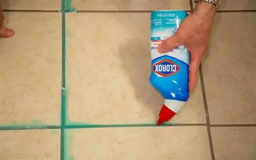 Ручная заливка чистящего геля для унитаза Clorox в швы на полу в ванной
