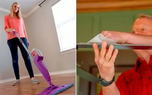 Разделенное изображение, на котором соведущая программы Today's Homeowner TV Челси Липфорд Вольф моет пол шваброй с распылителем, а телеведущая Today's Homeowner Дэнни Липфорд чистит лопасти потолочного вентилятора тряпкой для сушки Разделенное изображение, на котором соведущая программы Today's Homeowner TV Челси Липфорд Вольф моет пол шваброй с распылителем, а телеведущая Today's Homeowner Дэнни Липфорд чистит лопасти потолочного вентилятора тряпкой для сушки