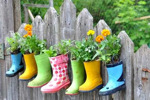 Резиновые сапоги как цветочные горшки