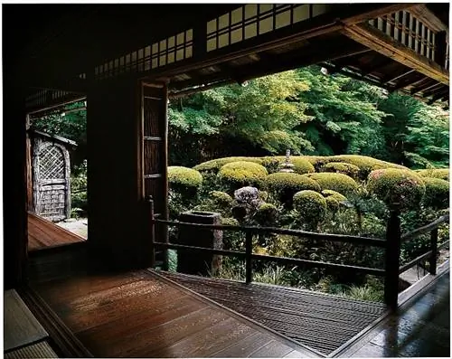 деревянный отель с деревьями в японии