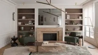 Камин, украшенный подвесной лампой Apparatus и креслами W alter Gropius, создает теплую атмосферу Камин, украшенный подвесной лампой Apparatus и креслами W alter Gropius, создает теплую атмосферу