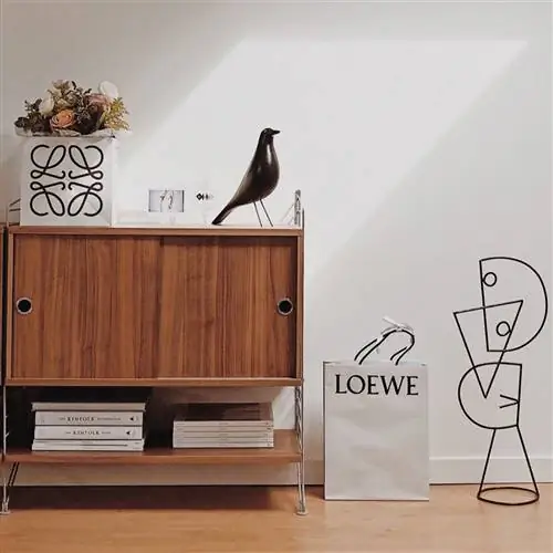 Подробно на буфете 'Струнная мебель' фигурка Eames House Bird. Сумки Loewe и скульптура Диего Кабесаса Подробно на буфете 'Струнная мебель' фигурка Eames House Bird. Сумки Loewe и скульптура Диего Кабесаса