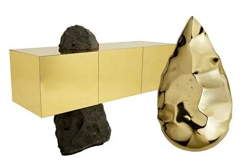 Комод 'Odyssey H Gold' от 'Cypraea' из зеркального акрила и лавового камня и 'Tool N.1' из коллекции 'Atavica' от…
