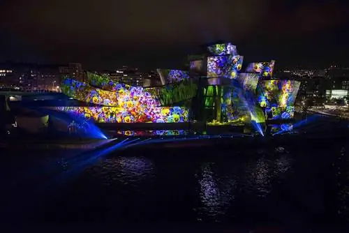 здание ночью с рисунками на фасаде