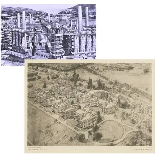 Сверху планы доменных печей и больницы Промышленного города