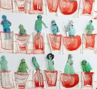 Ana Valenciano 2020. Композиция из шести сложенных литографий и 36 фигур, напечатанных на прозрачных пленках