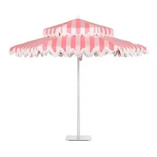 Двойной ярус из ткани Cabana Pink Stripe с зубчатой каймой и белой бахромой