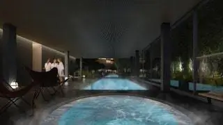 В комплексе будет 600 квадратных метров удобств, таких как тренажерный зал, открытый и закрытый бассейны, СПА, сауна площадью 700 квадратных метров…