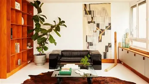 гостиная с черным диваном, деревянная мебель, ковер с темными волосами