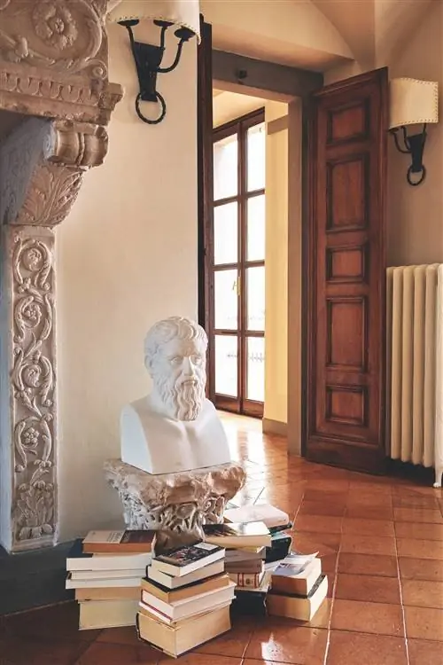 бюст императора адриана на полу с книгами