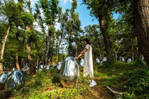 женщина с серебряной скульптурой в лесу