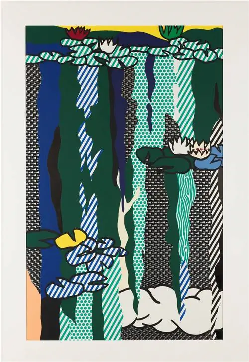 Рой Лихтенштейн «Водяные лилии с облаками», 1992 г., шелкография, эмаль, нержавеющая сталь Рой Лихтенштейн «Водяные лилии с облаками», 1992 г., шелкография, эмаль, нержавеющая сталь