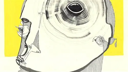 Изображение карандашного рисунка с желтыми штрихами. Он представляет собой искаженную человеческую фигуру