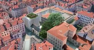 Вид с воздуха на остров, соединяющий вход в музей, Hôtel Neuf и Tour des Tissus