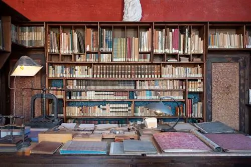 комната с полками с книгами и столом