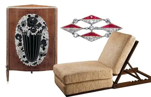 Под шкафом Эмиль-Жак Рульманн, шезлонг Жан-Мишеля Франка и винтажная брошь Art dco от Cartier