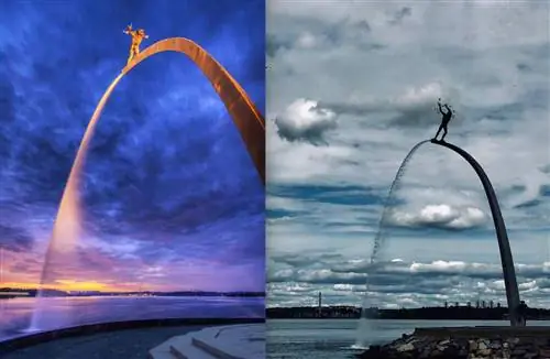 арка в небе со скульптурой человека на вершине