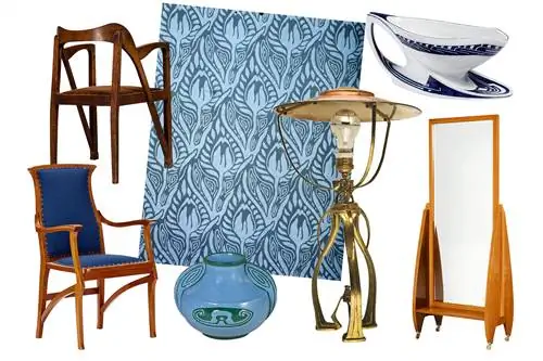 Стул в стиле модерн с обоями Tulip, фарфоровый соусник, кресло из орехового дерева, ваза V15, лампа в стиле модерн и деревянное зеркало