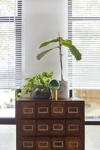 Прочный комод из темного дерева, который ведет к задней части, также был куплен на парижском блошином рынке