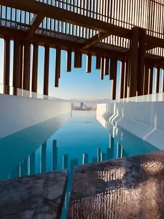 Бассейн имеет высоту 42 метра, 20 из них консольно закреплены с каждой стороны впечатляющего здания, в котором он находится