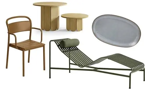 Стул Linear Steel от Muuto, шезлонг Palissade от Hay, мягкий стол от Woodman и блюдо из меламина от El Corte Ingls Стул Linear Steel от Muuto, шезлонг Palissade от Hay, мягкий стол от Woodman и блюдо из меламина от El Corte Ingls