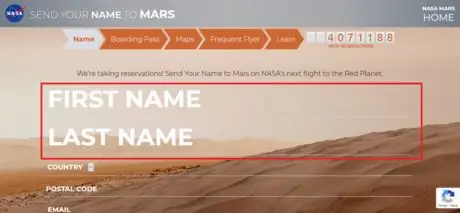 Отправьте свое имя на домашнюю страницу Mars Введите имя